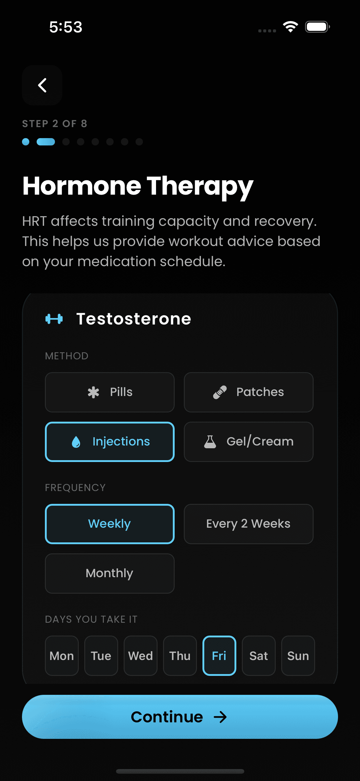 TransFitness app showing HRT tracking